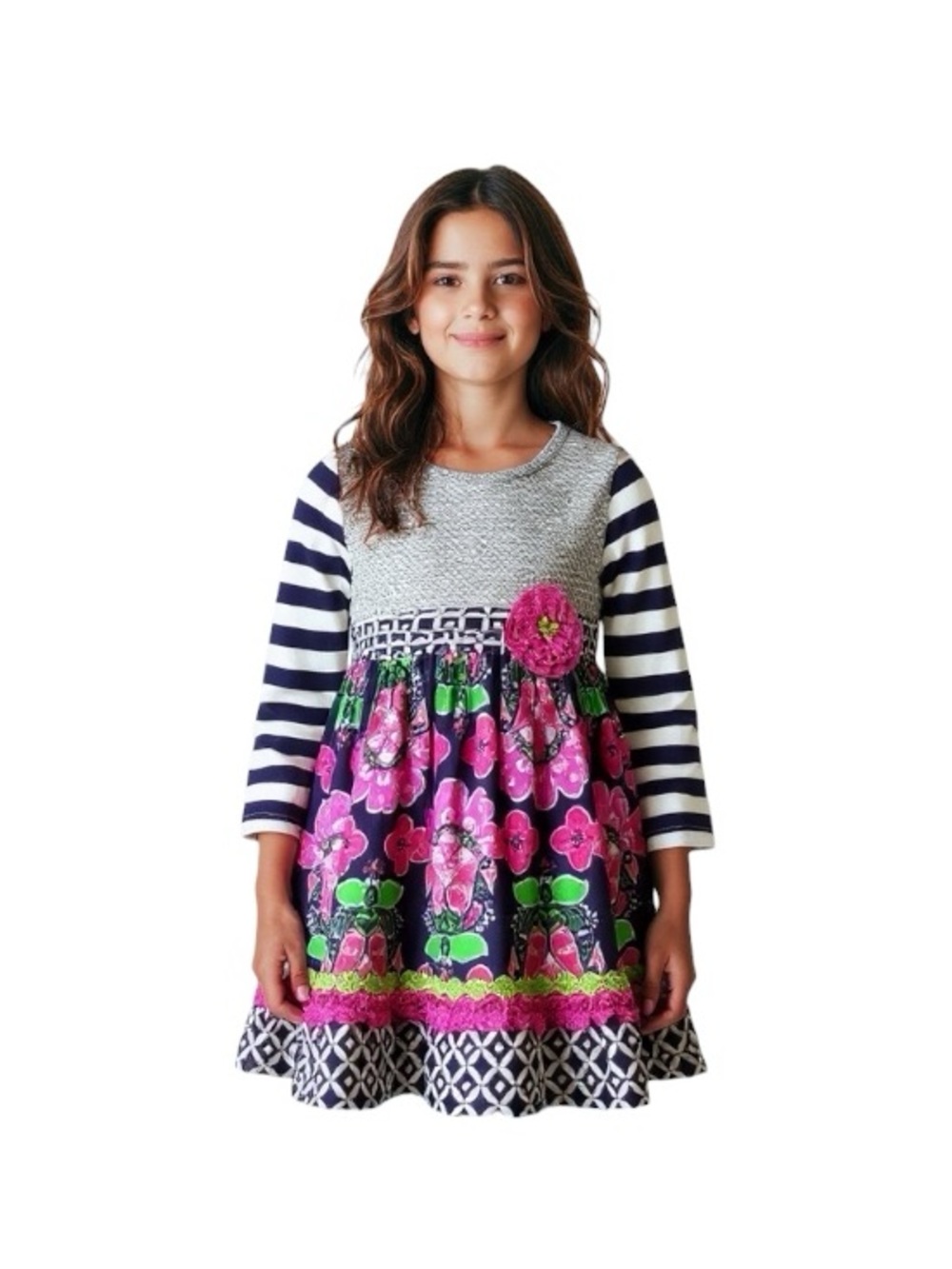 Navy & Pink Floral Stripe Girls' Casual Sweater Dress with Decorative Flower - Picture 5 of 14